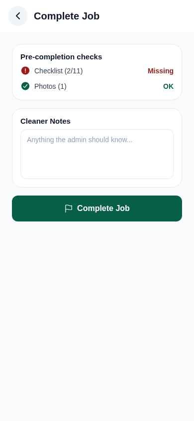 Tela de concluir job com checklist 2 de 11