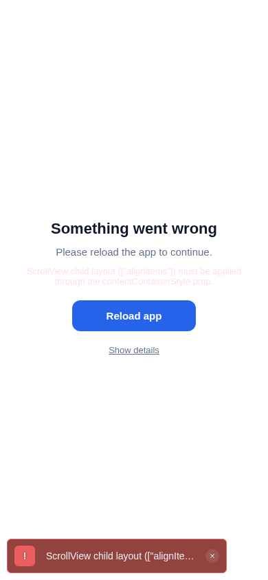 Tela de erro do app: Something went wrong